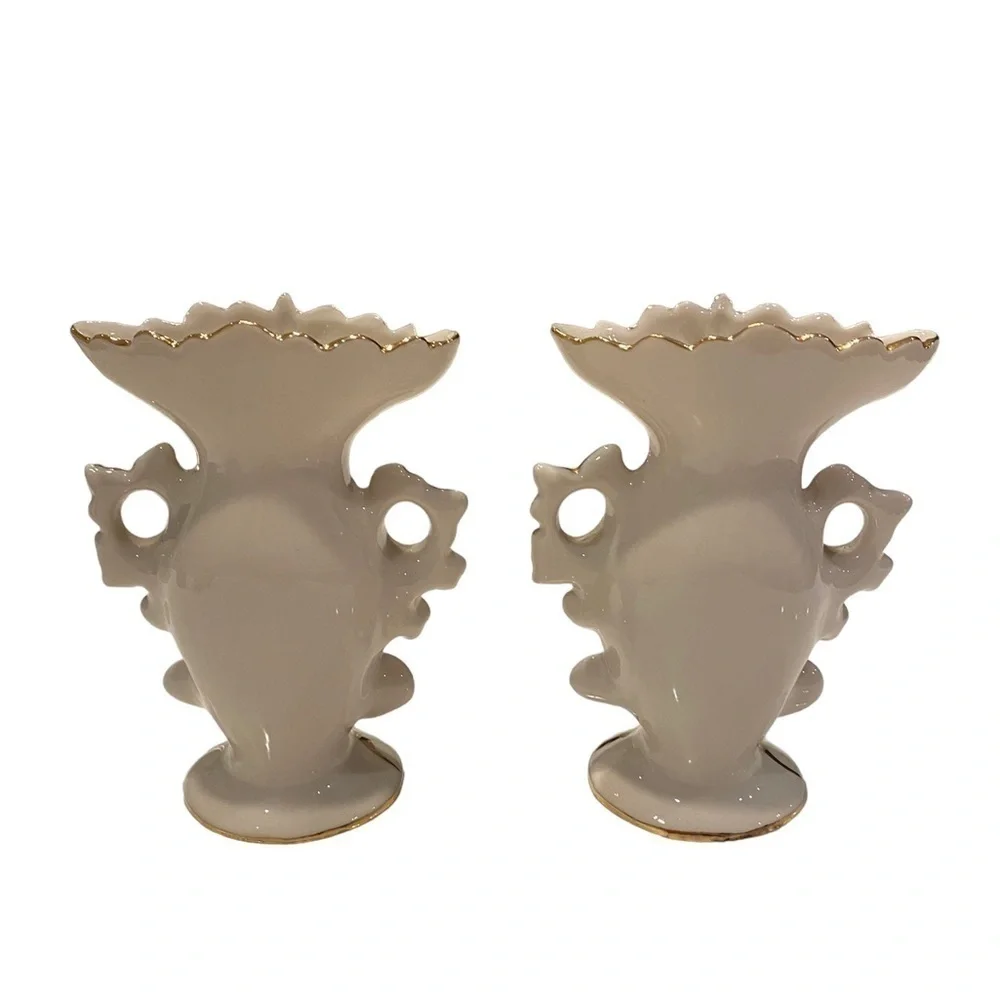 Weisley China Floral Hand Painted Gold Gilded Porcelain Bud Vase Vtg.  Set of 2